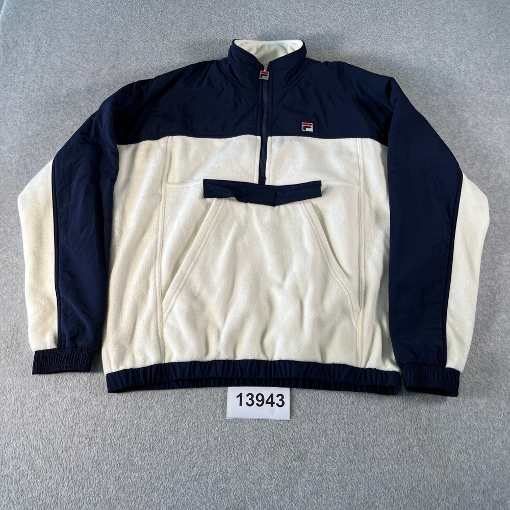 FILA Jacket Mens Medium Navy Blue White Fleece Casual Half Zip Mock Neck Outdoor